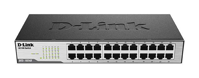 DES1024DG1Image LFront DES-1024D 10/100 Switch 24-Port Fast Ethernet Unmanaged Desktop Switch